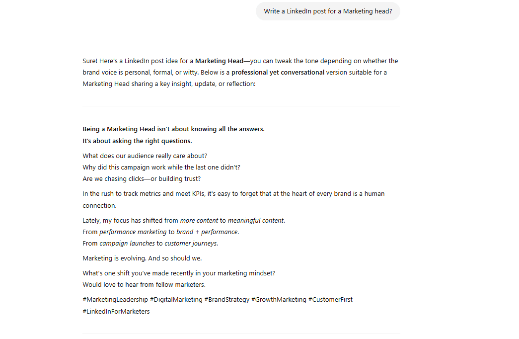 ChatGPT interface screenshot showing basic prompt for LinkedIn post generation without personal context, resulting in generic rephrased content