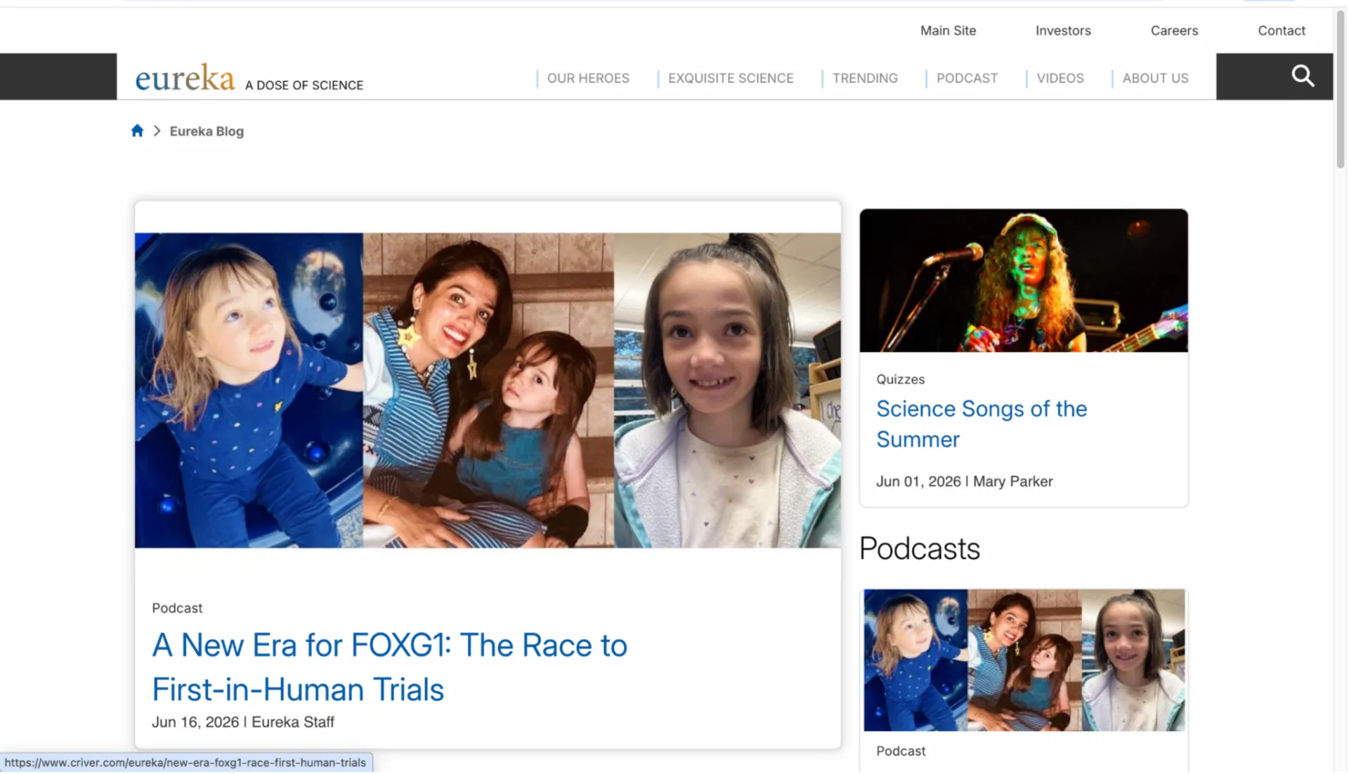 Screenshot of the Charles River Laboratories Eureka blog homepage featuring science articles, podcasts, webinars, and educational content for life sciences professionals.