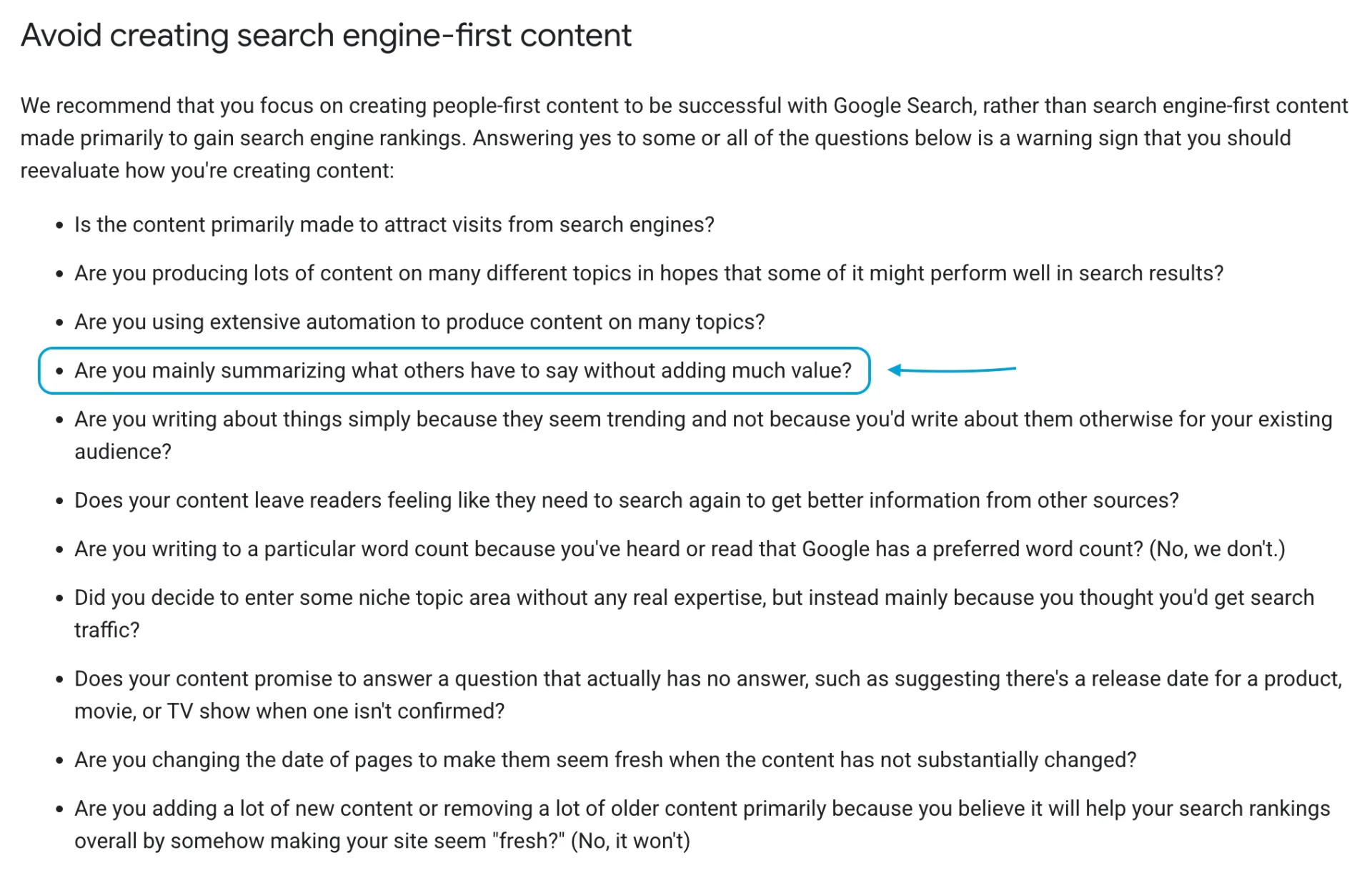 Screenshot of Google's Search Central documentation highlighting people-first content guidelines and the recommendation to avoid simply summarizing existing content without adding value.