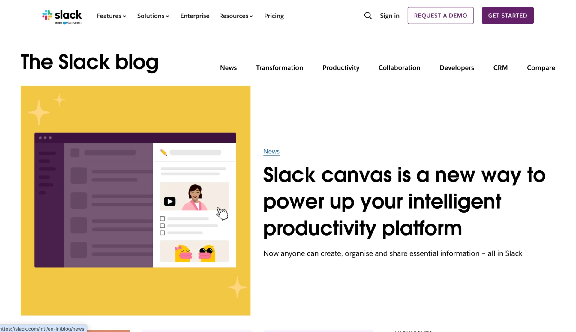 Screenshot of the Slack blog homepage featuring an article about Slack Canvas alongside educational content for workplace productivity and collaboration.