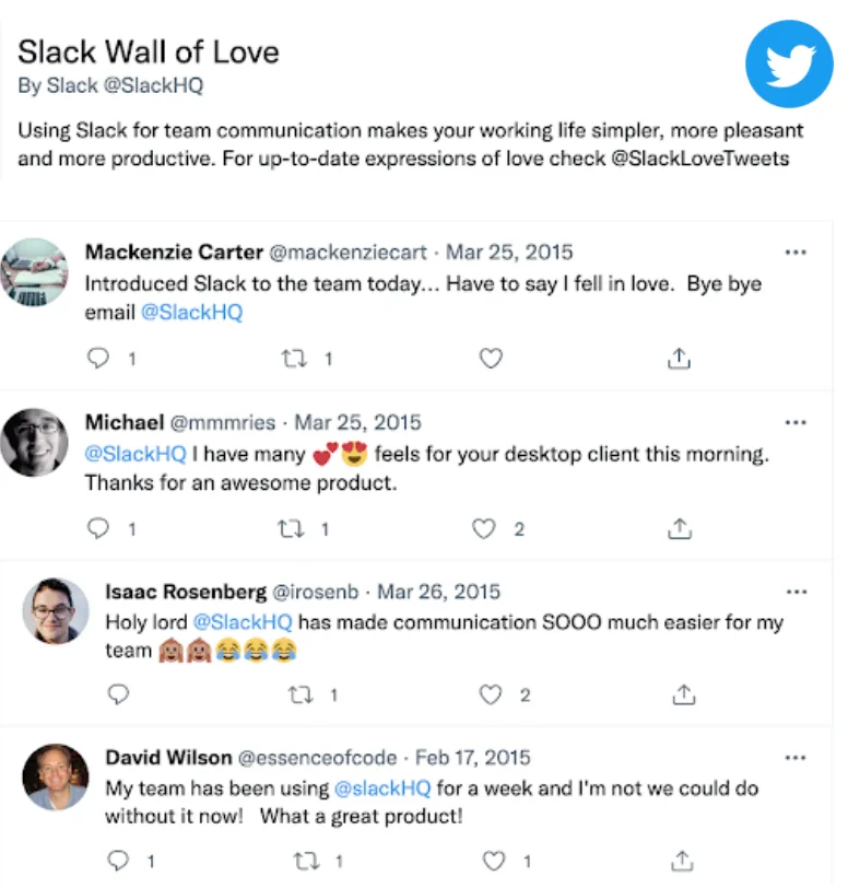 Screenshot of Slack&#39;s Wall of Love campaign displaying real customer tweets praising Slack&#39;s communication and collaboration platform.