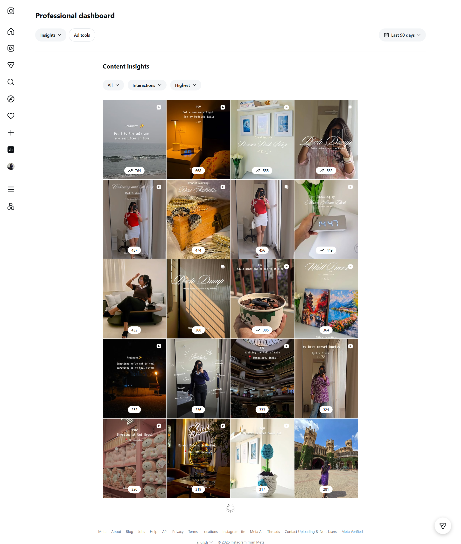 My Instagram page's interactions analytics for 3 months