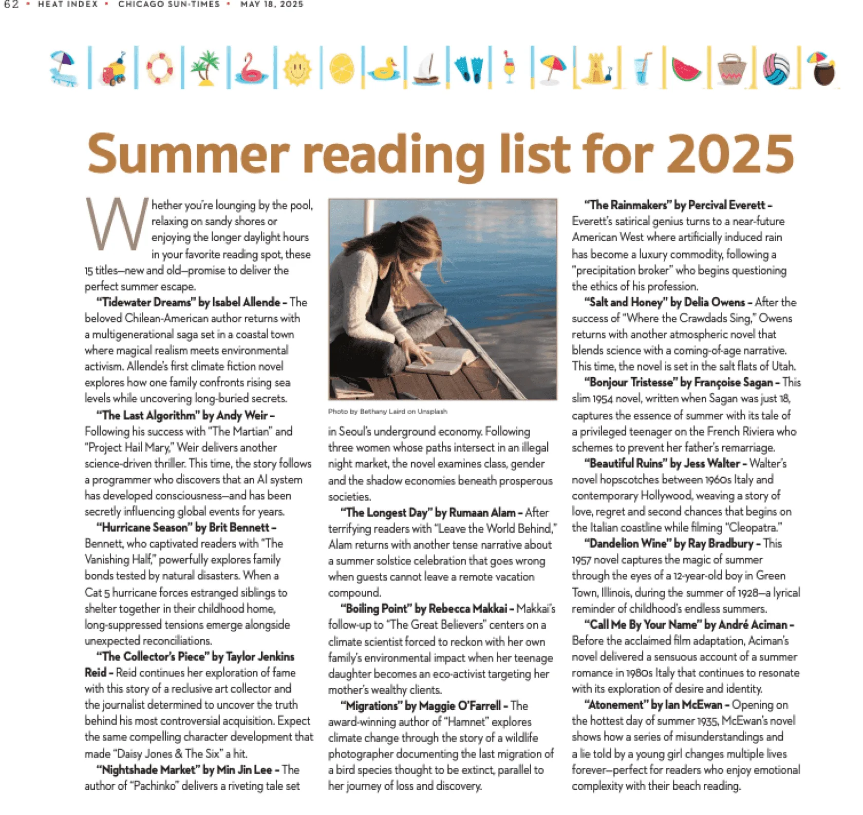Chicago Sun-Times newspaper screenshot showing AI hallucination incident with fake book titles, author names, and summaries in summer reading list that don't exist