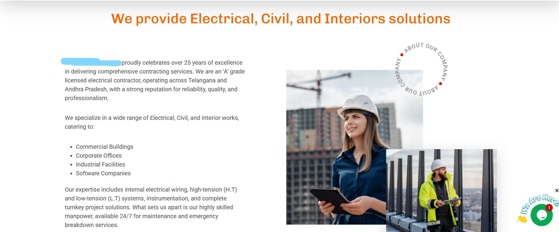 Website A homepage screenshot showing formal, fact-heavy About Us copy describing 25+ years of experience as an A-grade licensed electrical contractor