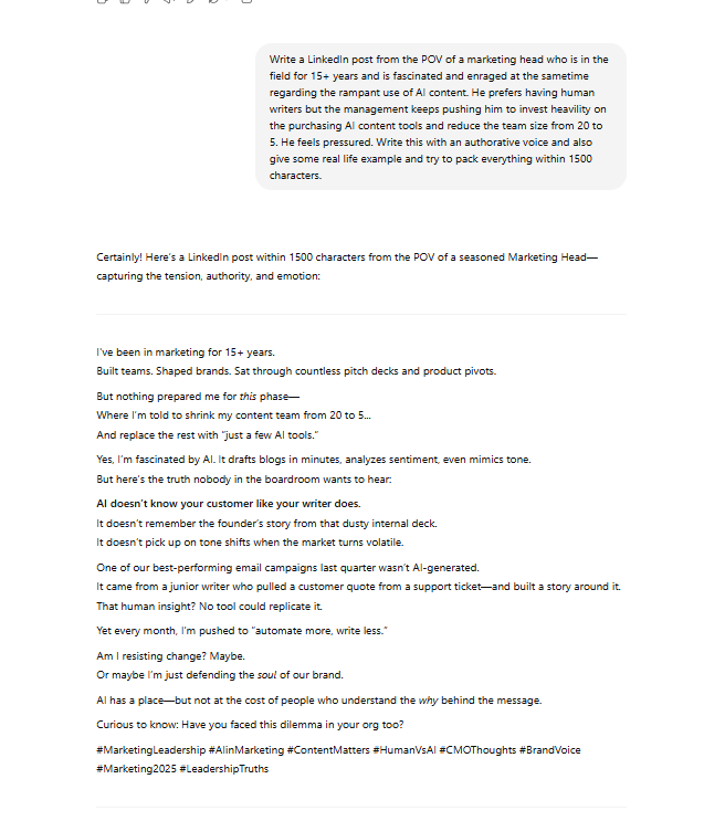 ChatGPT interface screenshot showing improved prompt with personal context and real story, producing more engaging and unique LinkedIn content
